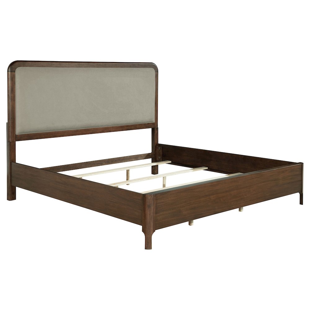 Jony Maderia Eastern King Walnut Veneer Panel Bed – Upholstered Transitional Bed with Low Footboard