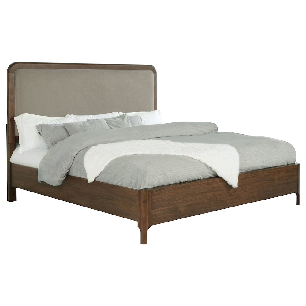 Jony Maderia Eastern King Walnut Veneer Panel Bed – Upholstered Transitional Bed with Low Footboard
