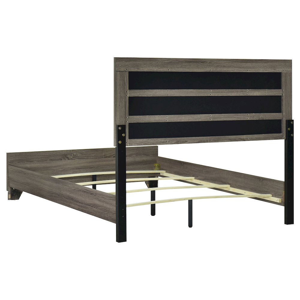 Sloni Wright Eastern King Brown Oak Engineered Wood Bed – Upholstered Panel Bed with Tan Fabric Headboard