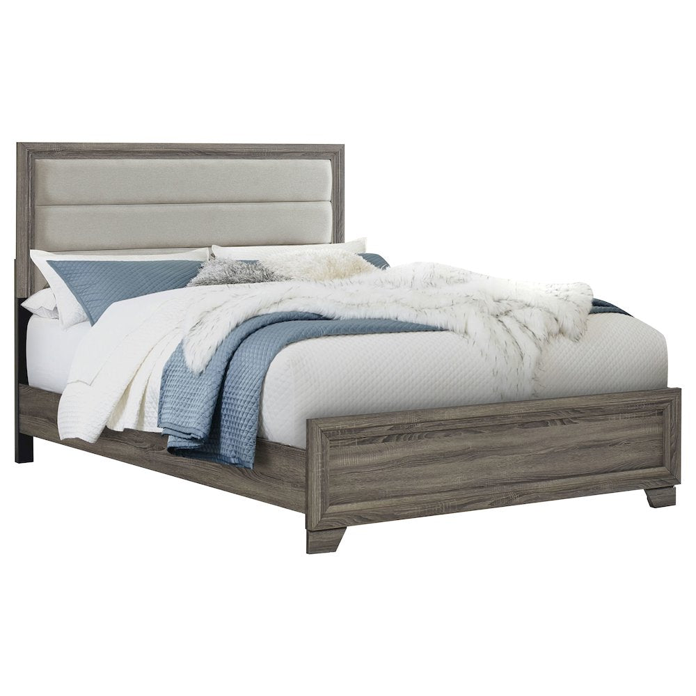 Tiana Wright Collection Queen Brown Oak Upholstered Bed – Transitional Style with Foam Padded Headboard
