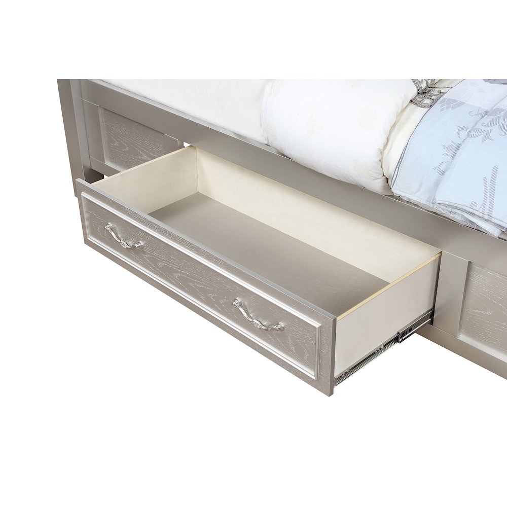 Caiman Evangeline California King Silver Oak LED Storage Panel Bed – Modern Glam Style with Side Drawers