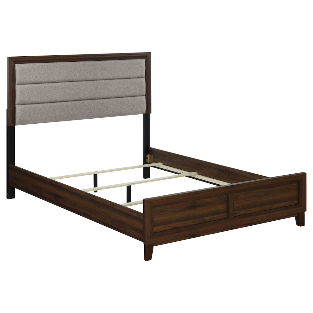 Mazlo Welsley Eastern King Taupe Walnut Upholstered Panel Bed – Modern Clean-Lined Design with Padded Headboard