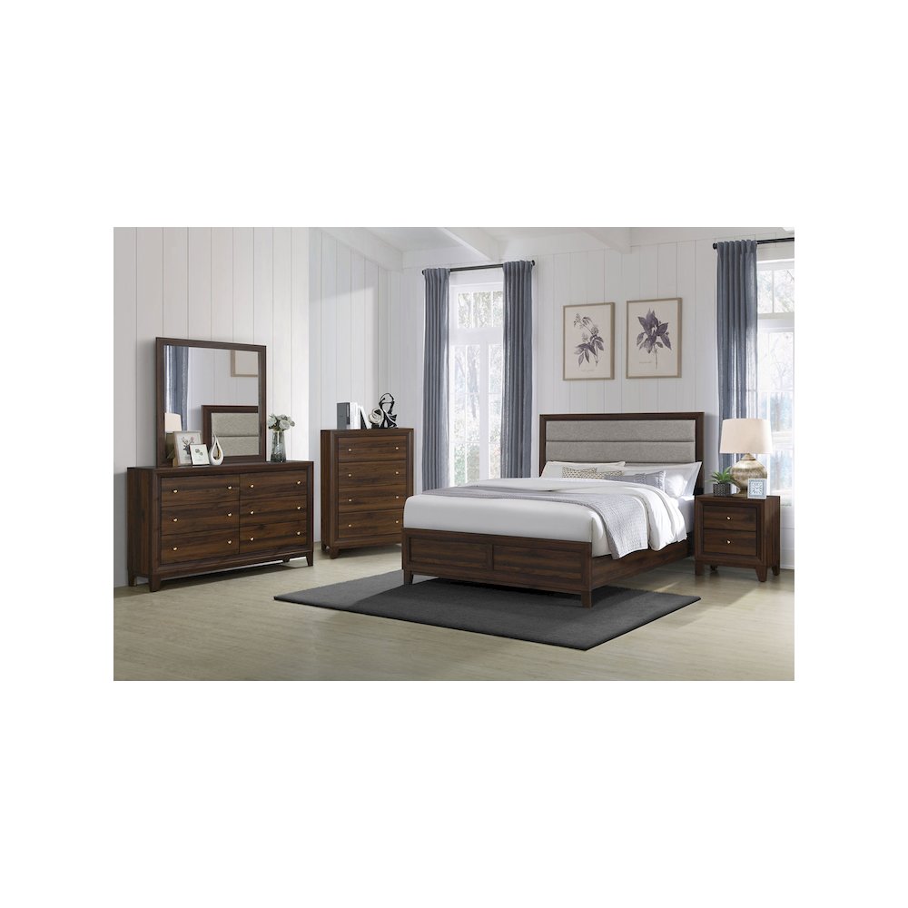 Mazlo Welsley Eastern King Taupe Walnut Upholstered Panel Bed – Modern Clean-Lined Design with Padded Headboard