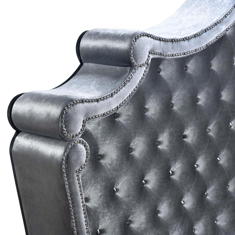 Perse Antonella Queen Grey Velvet Upholstered Bed – Glam Tufted with Chrome Nailhead Trim