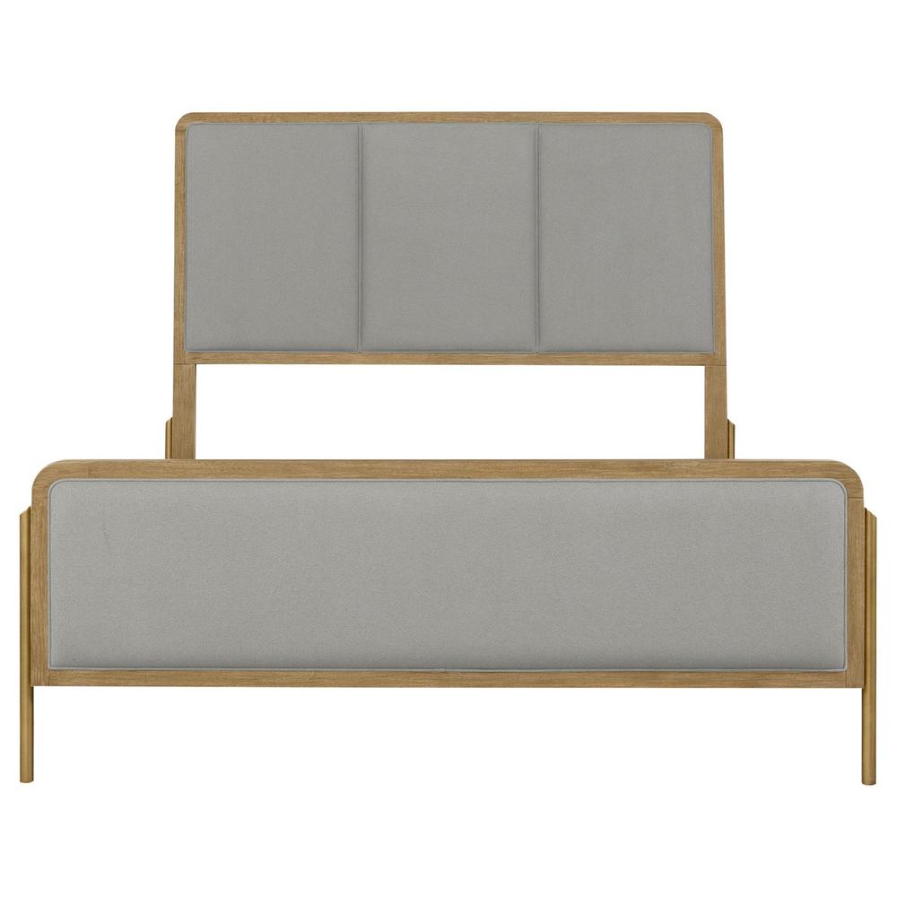 Sante Arini Queen Sand Wash Grey Upholstered Panel Bed – Mid-Century Modern with Aged Brass Legs