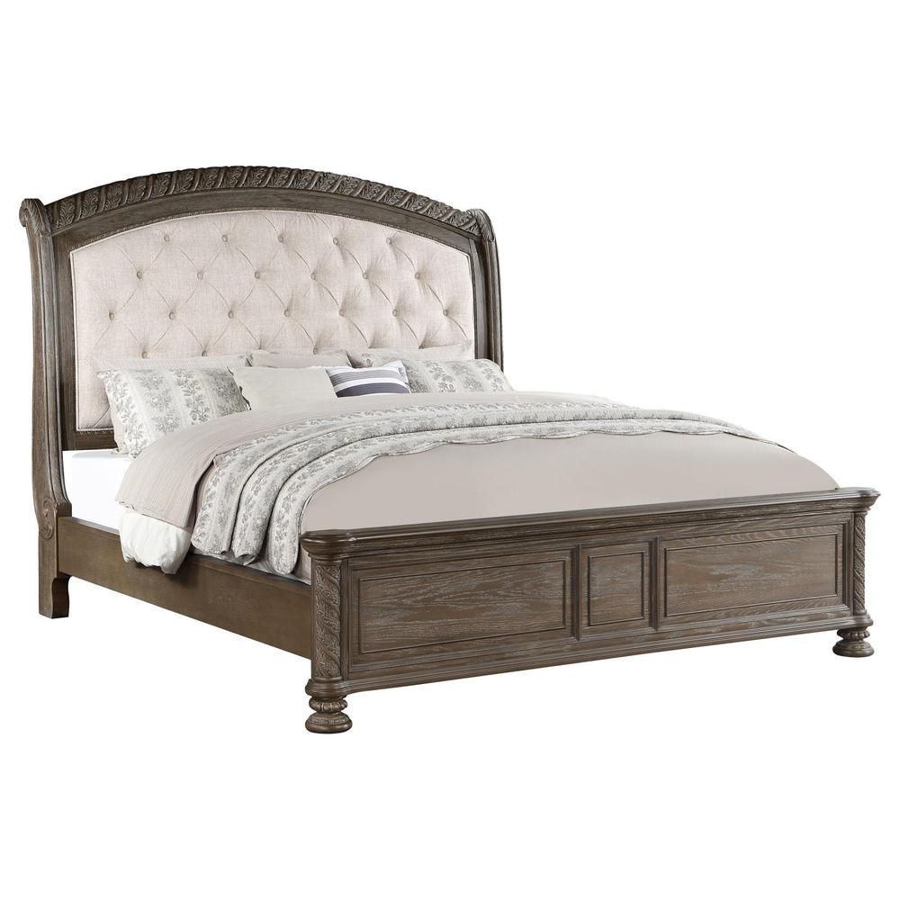 Opulence Emmett Queen Walnut Wood Panel Bed with Beige Tufted Headboard – Traditional Style Low-Profile