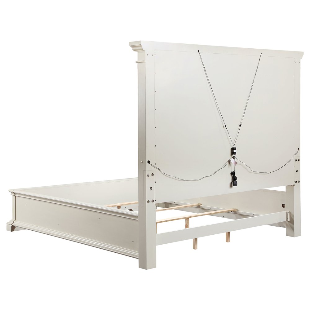 Aubree Evelyn Queen Panel Bed Antique White Wooden – Traditional LED Reading Light Headboard