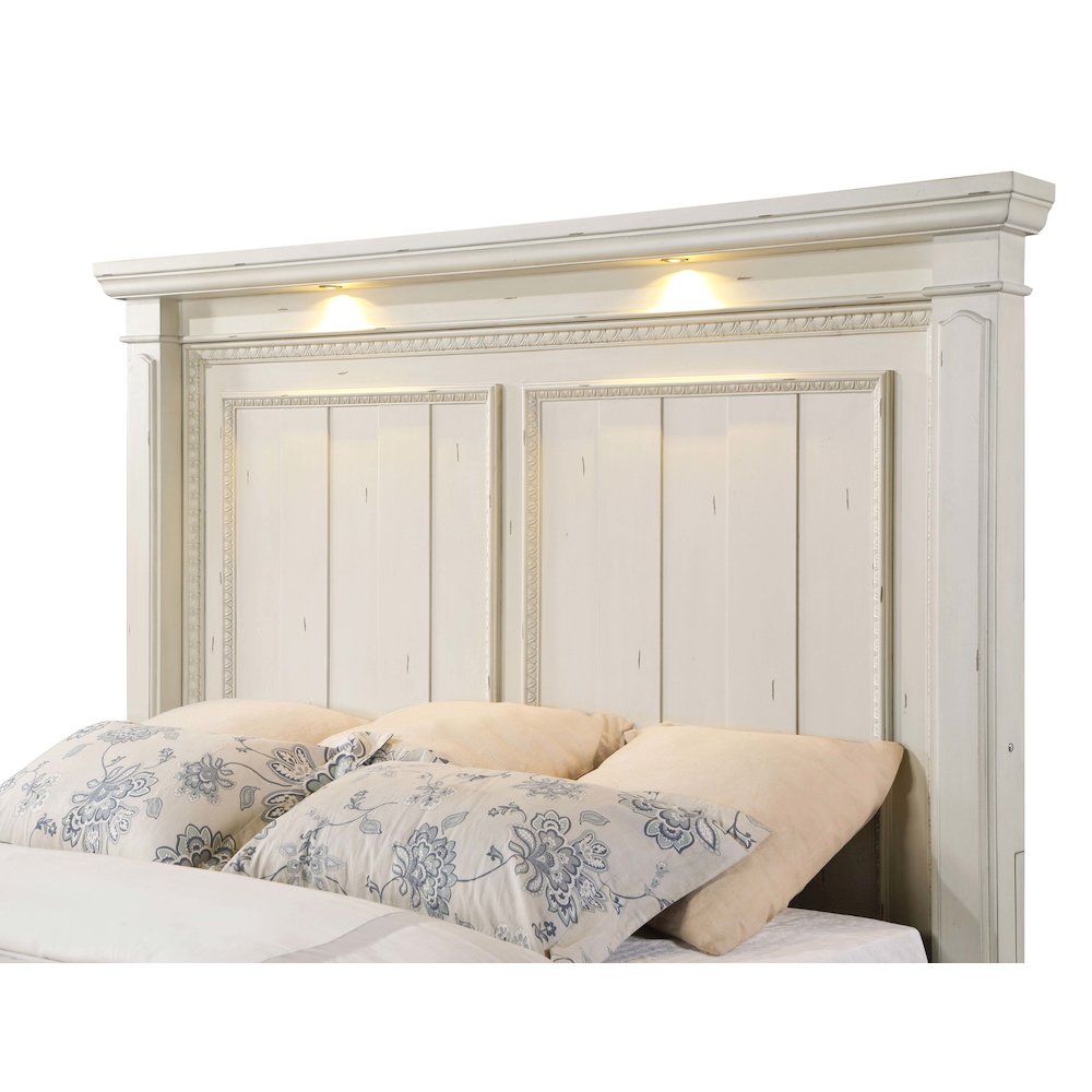 Aubree Evelyn Queen Panel Bed Antique White Wooden – Traditional LED Reading Light Headboard