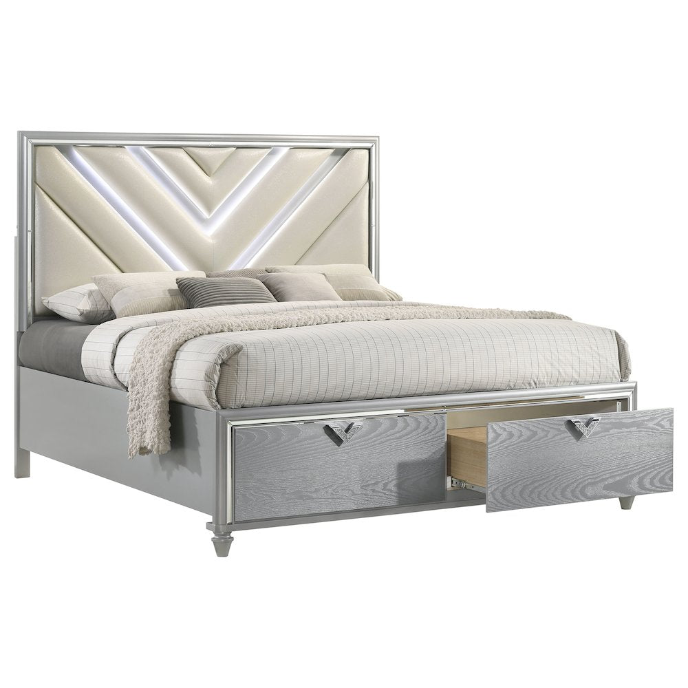 Sahar Veronica Collection Queen Light Silver Wood LED Storage Panel Bed – Contemporary Chevron Upholstered Headboard with Drawers