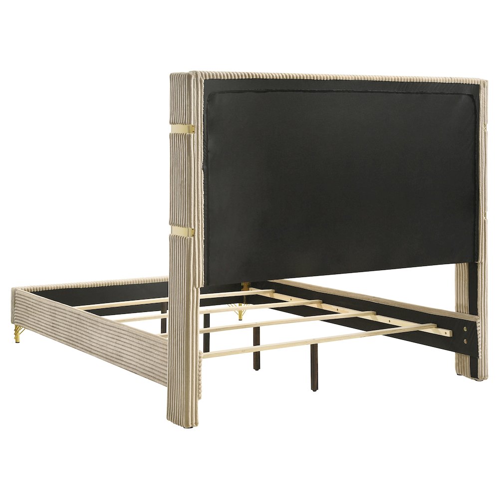 Richard Lucia Collection Queen Beige Velvet Upholstered Wingback Bed – Modern Panel Design with Gold Trim Accents