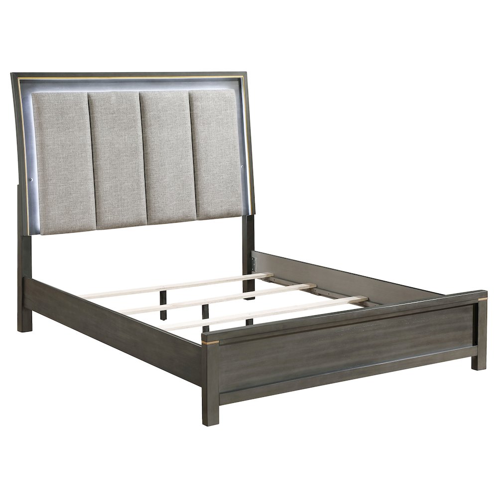 Odille Kieran Eastern King LED Panel Bed Gray Wood – Contemporary Upholstered Headboard with Mood Lighting