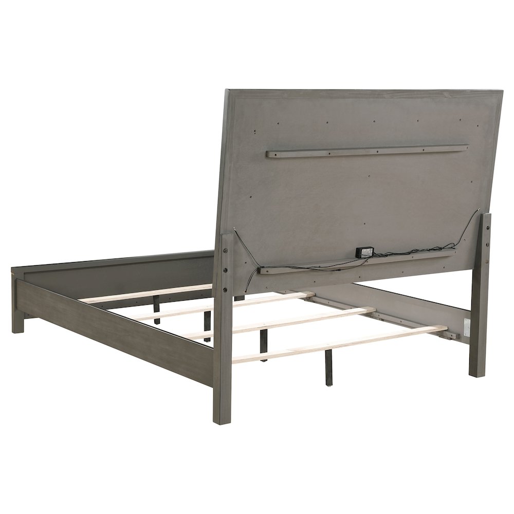 Odille Kieran Eastern King LED Panel Bed Gray Wood – Contemporary Upholstered Headboard with Mood Lighting