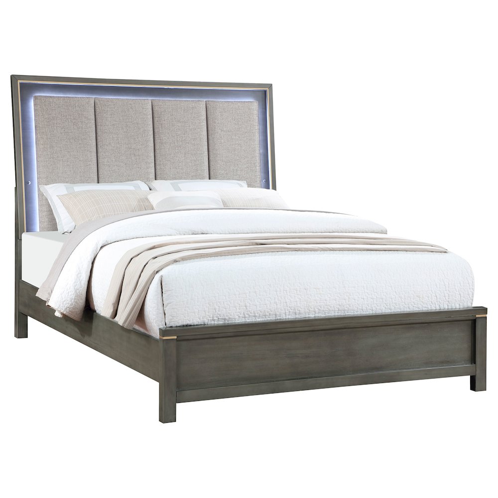 Antoniyo Kieran Queen Gray Wood LED Panel Bed – Modern Upholstered Headboard with Brass Accents