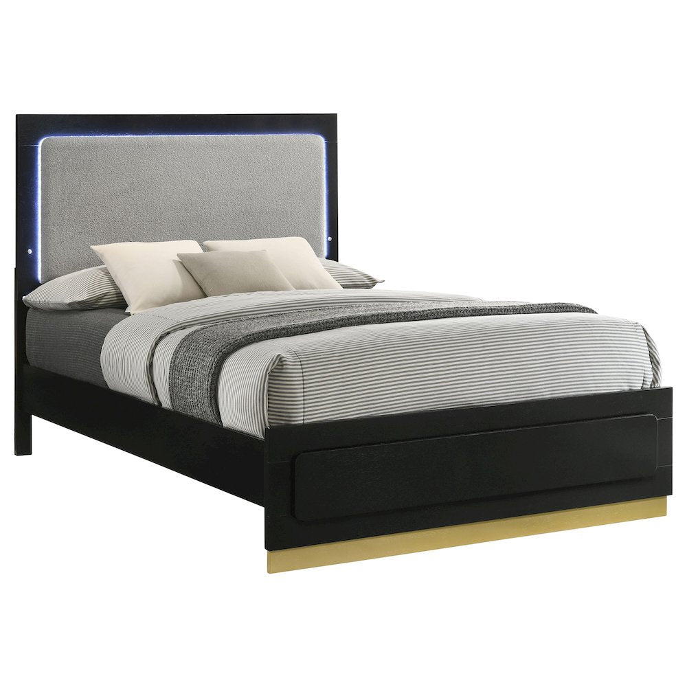 Marco Caraway Wood California King Black LED Panel Bed – Contemporary High Headboard Design