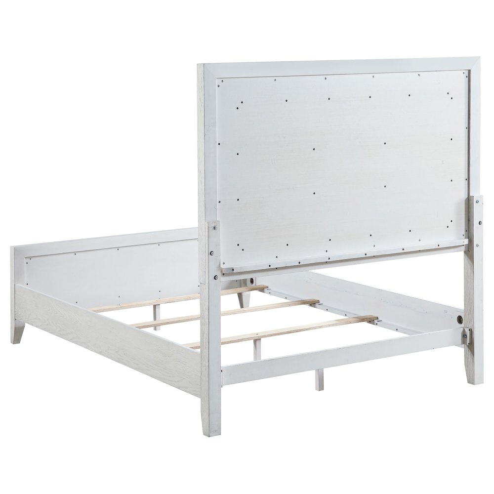 Hiro Marielle Eastern King LED Panel Bed Distressed White Finish – Contemporary Wood Frame with Fabric Headboard