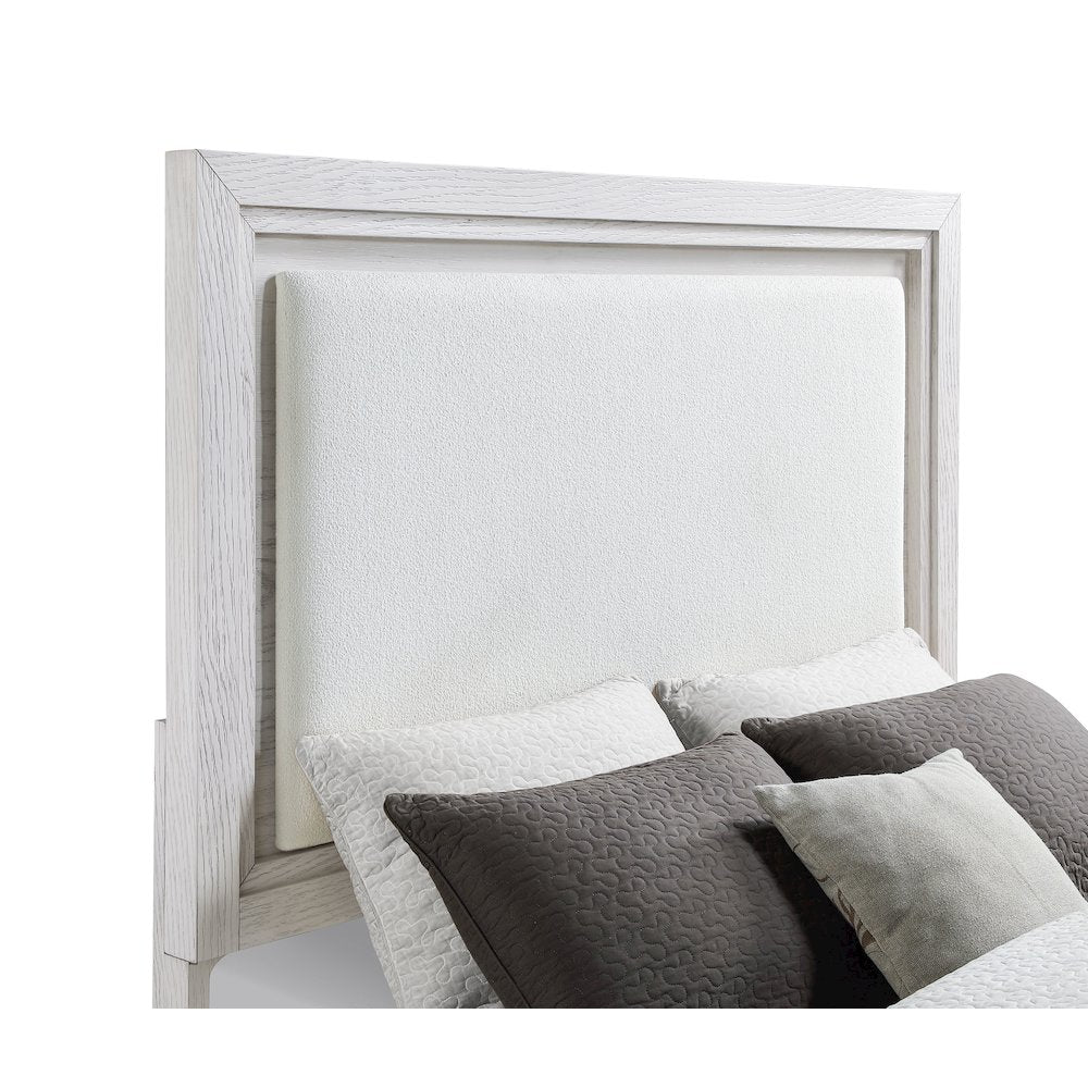 Kaori Marielle California King Distressed White Panel Bed – Modern LED Lighting & Padded Upholstered Headboard