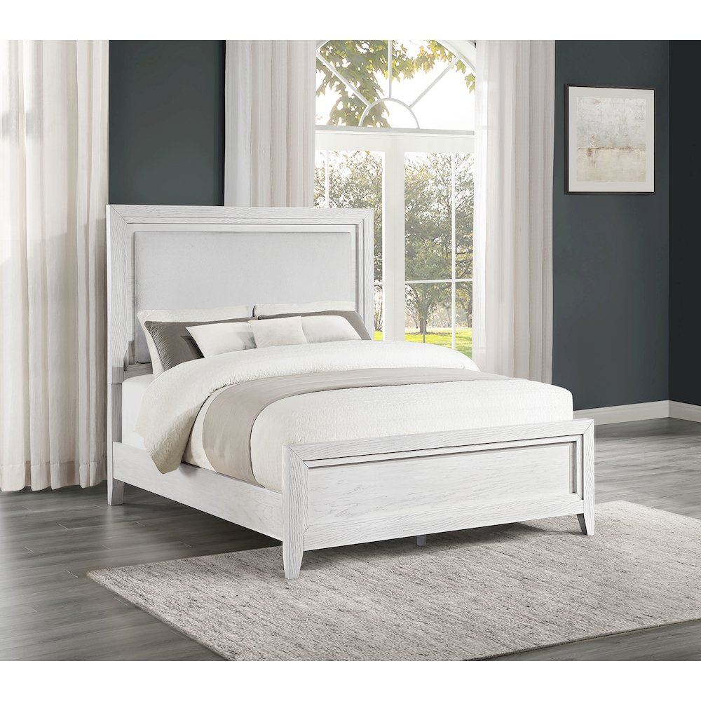 Naoki Marielle Queen Upholstered Wood Panel Bed Distressed White – LED Lighting Contemporary Bedroom Furniture