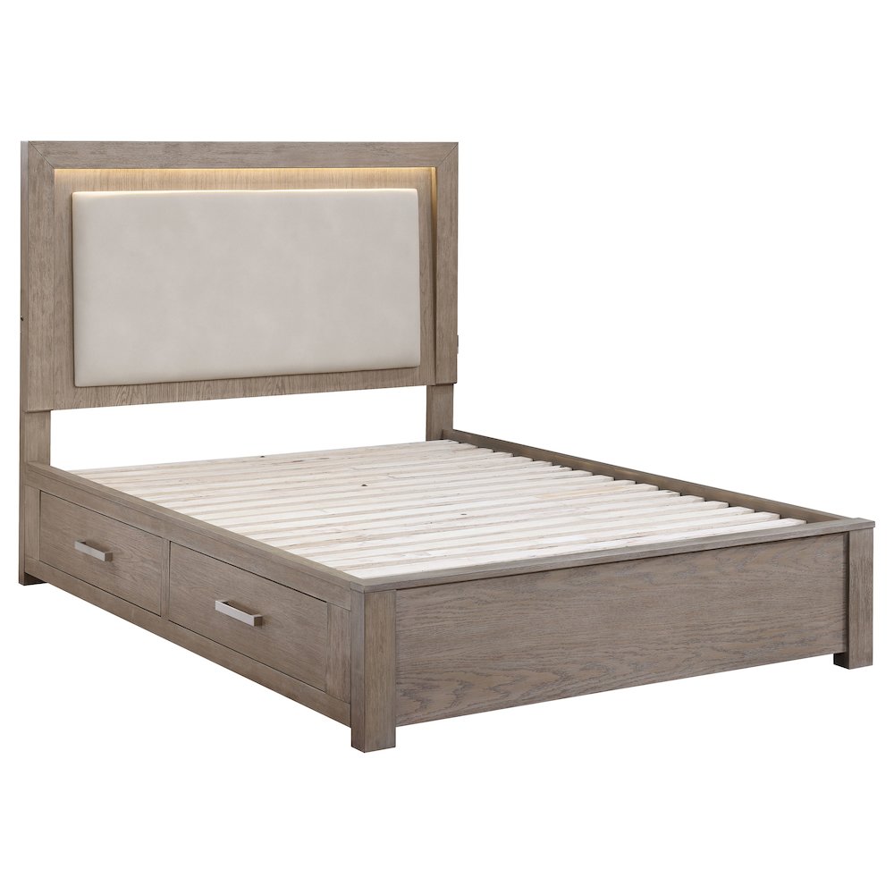 Nina Kenora California King Barley Brown Wood Platform Bed – LED Storage with 4 Drawers & Beige Upholstered Headboard