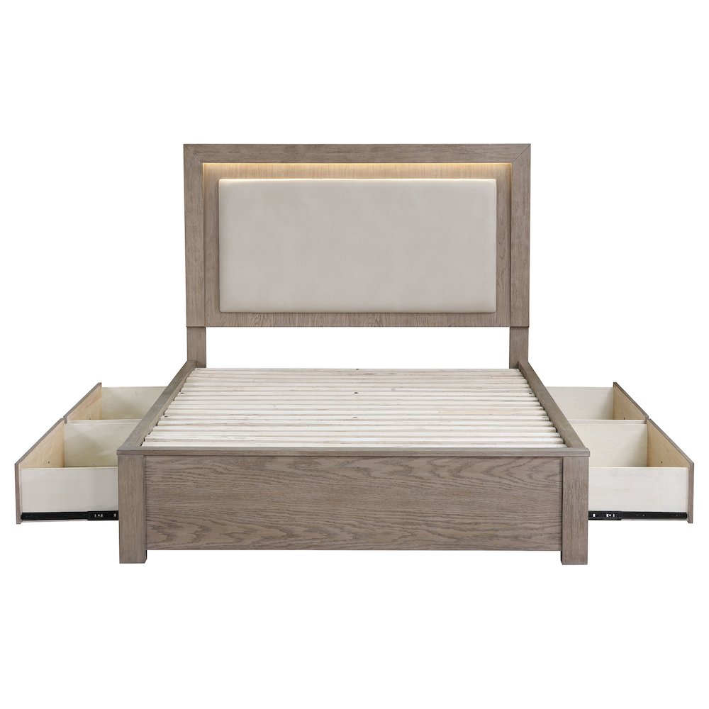 Nina Kenora California King Barley Brown Wood Platform Bed – LED Storage with 4 Drawers & Beige Upholstered Headboard
