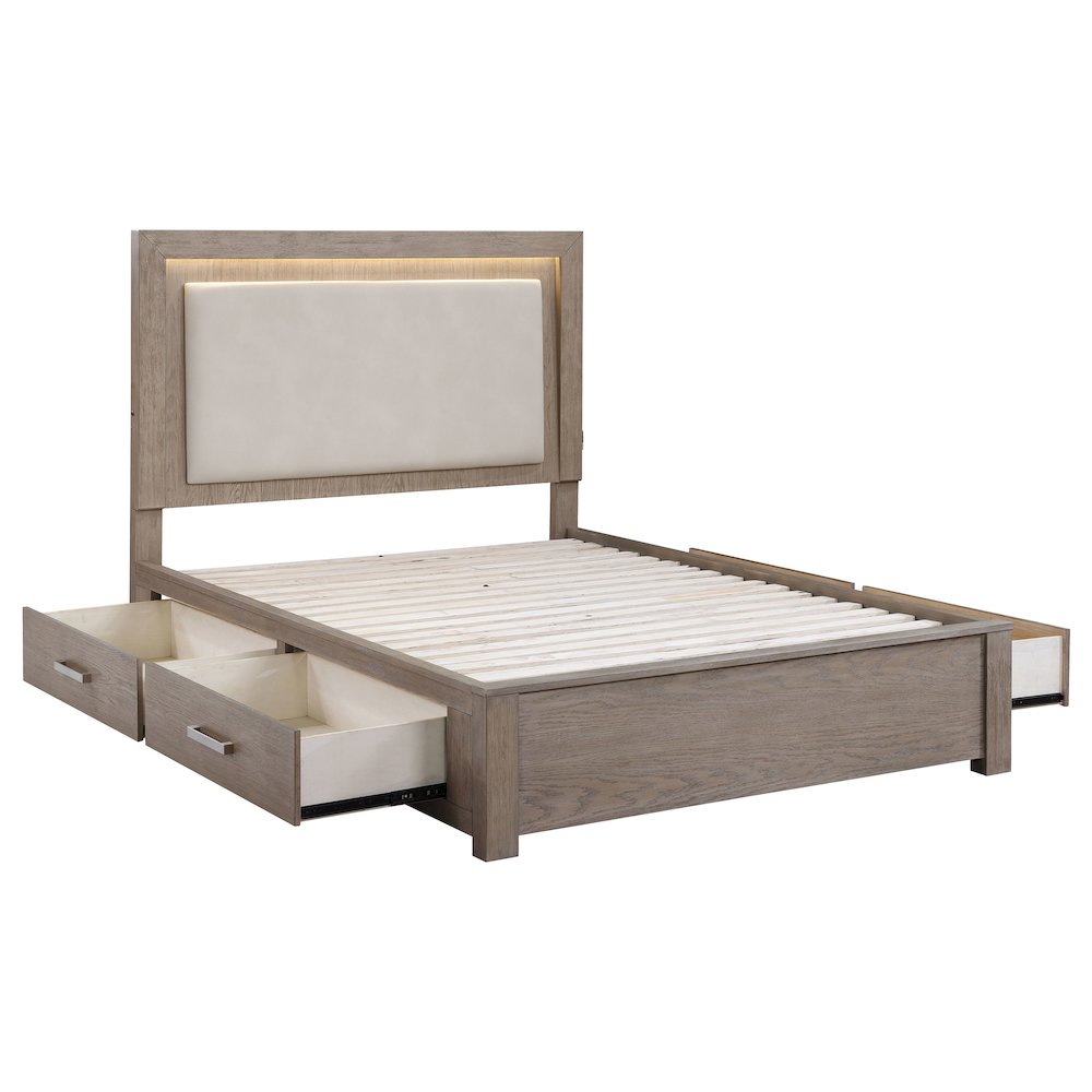 Dresden Kenora Queen Barley Brown Wood Storage Bed – Modern LED Headboard with 4 Drawers