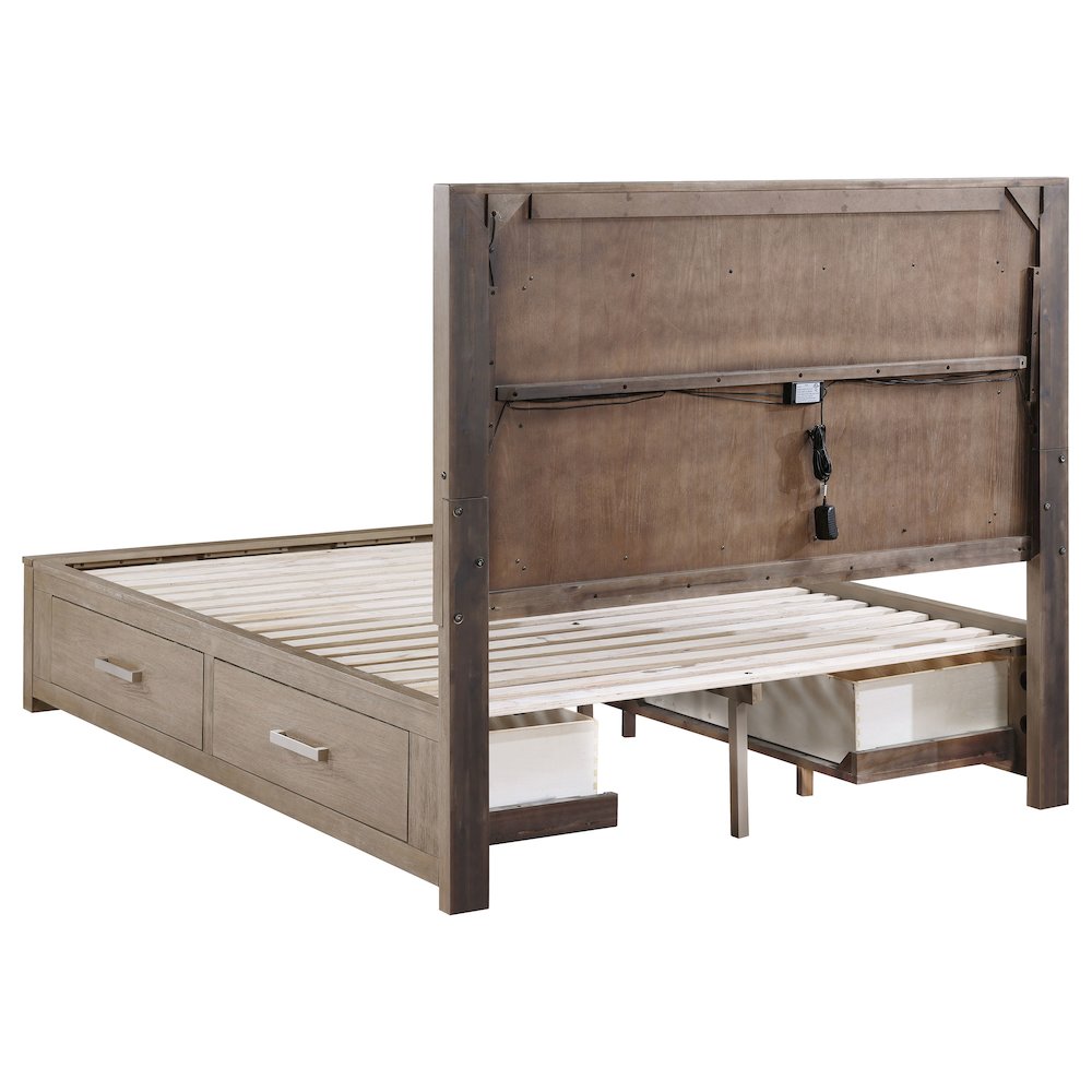 Dresden Kenora Queen Barley Brown Wood Storage Bed – Modern LED Headboard with 4 Drawers
