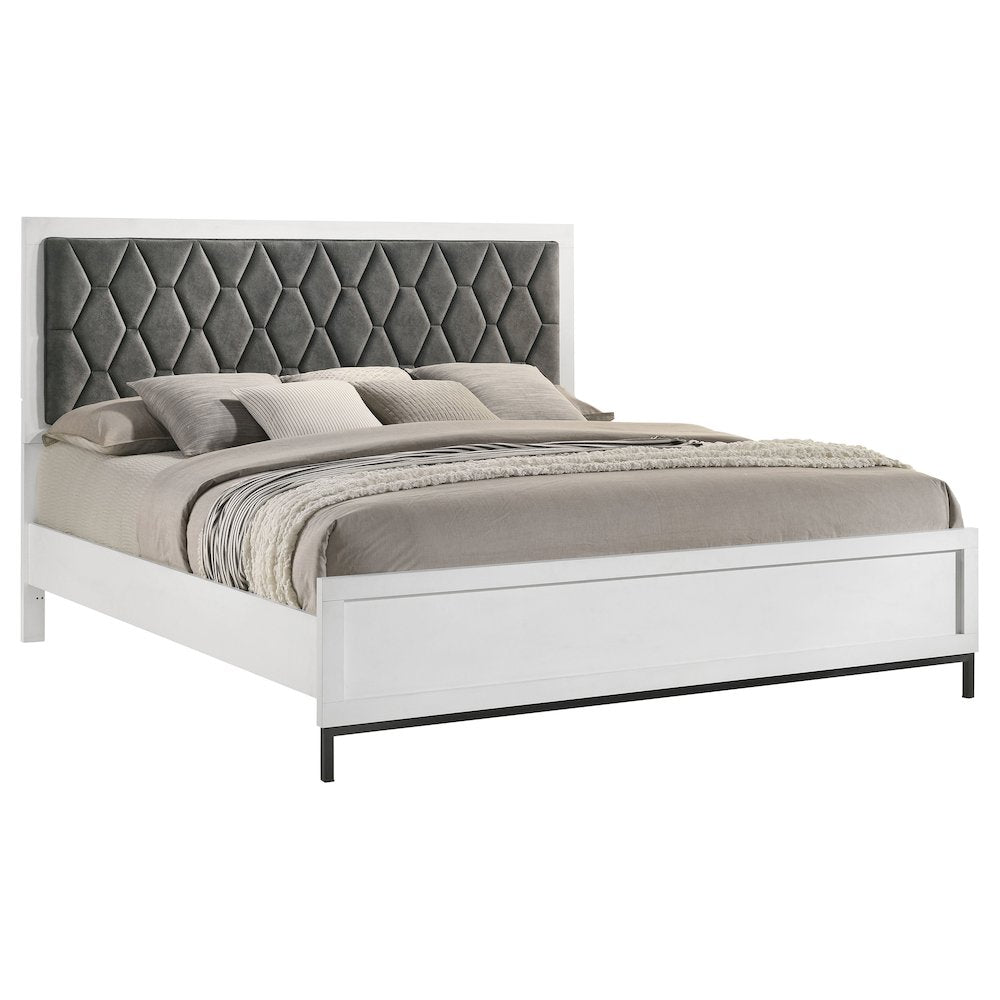 Andrew Sonora Eastern King White Dark Gray Upholstered Panel Bed – Modern Hexagon Tufted Headboard