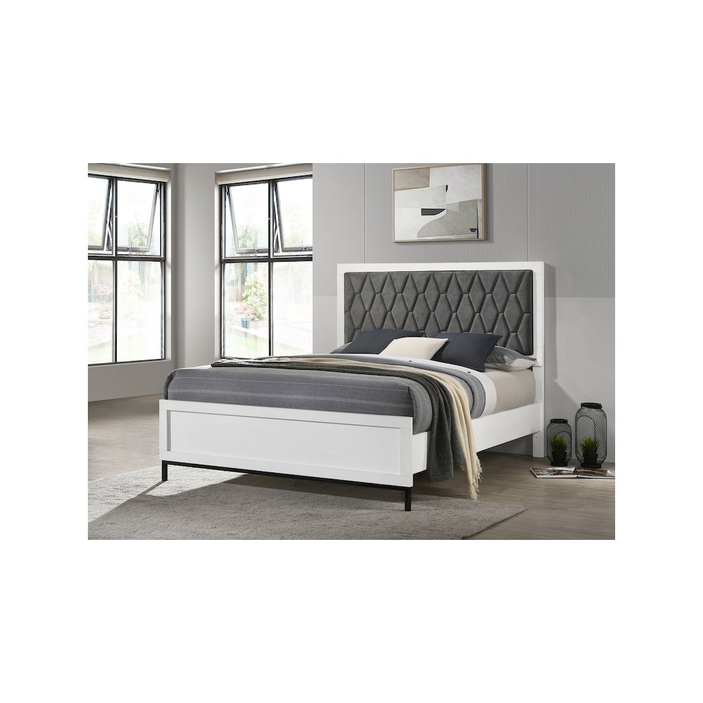 Milana Sonora Queen Contemporary Panel Bed White Wood – Modern Upholstered Headboard with Black Accents