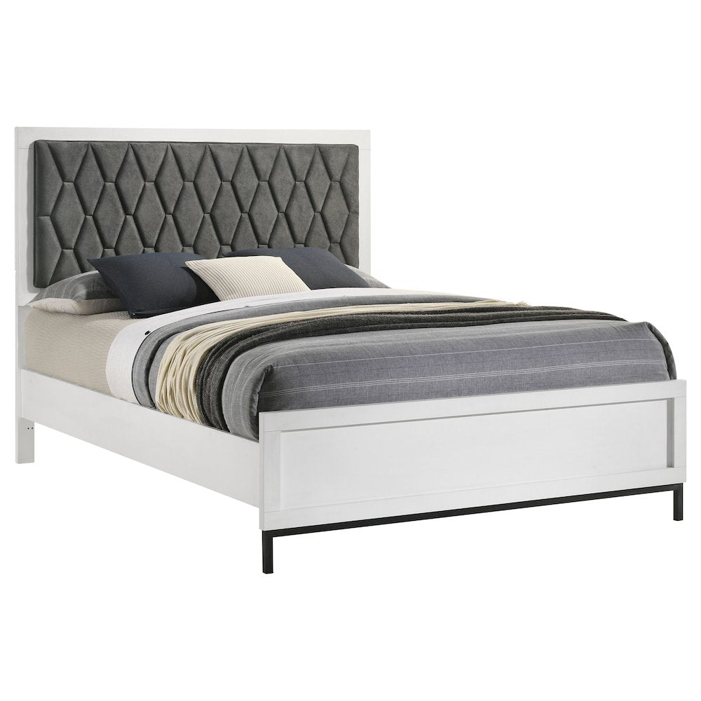 Milana Sonora Queen Contemporary Panel Bed White Wood – Modern Upholstered Headboard with Black Accents
