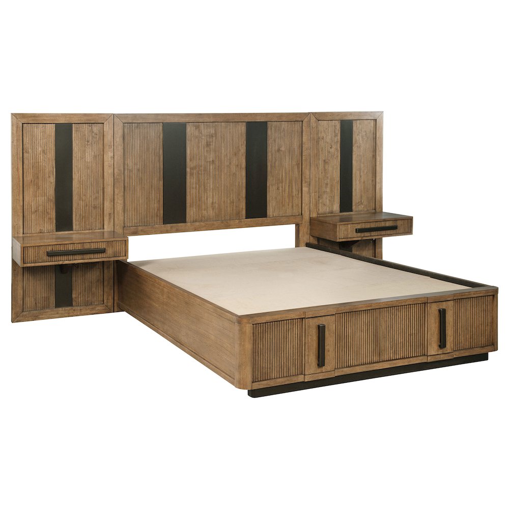 Tom Terrace Queen Ash Brown Wood Wall Panel Storage Bed – Modern 3-Piece Set with Nightstands