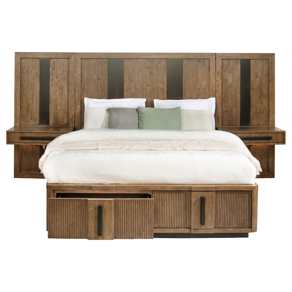 Tom Terrace Queen Ash Brown Wood Wall Panel Storage Bed – Modern 3-Piece Set with Nightstands