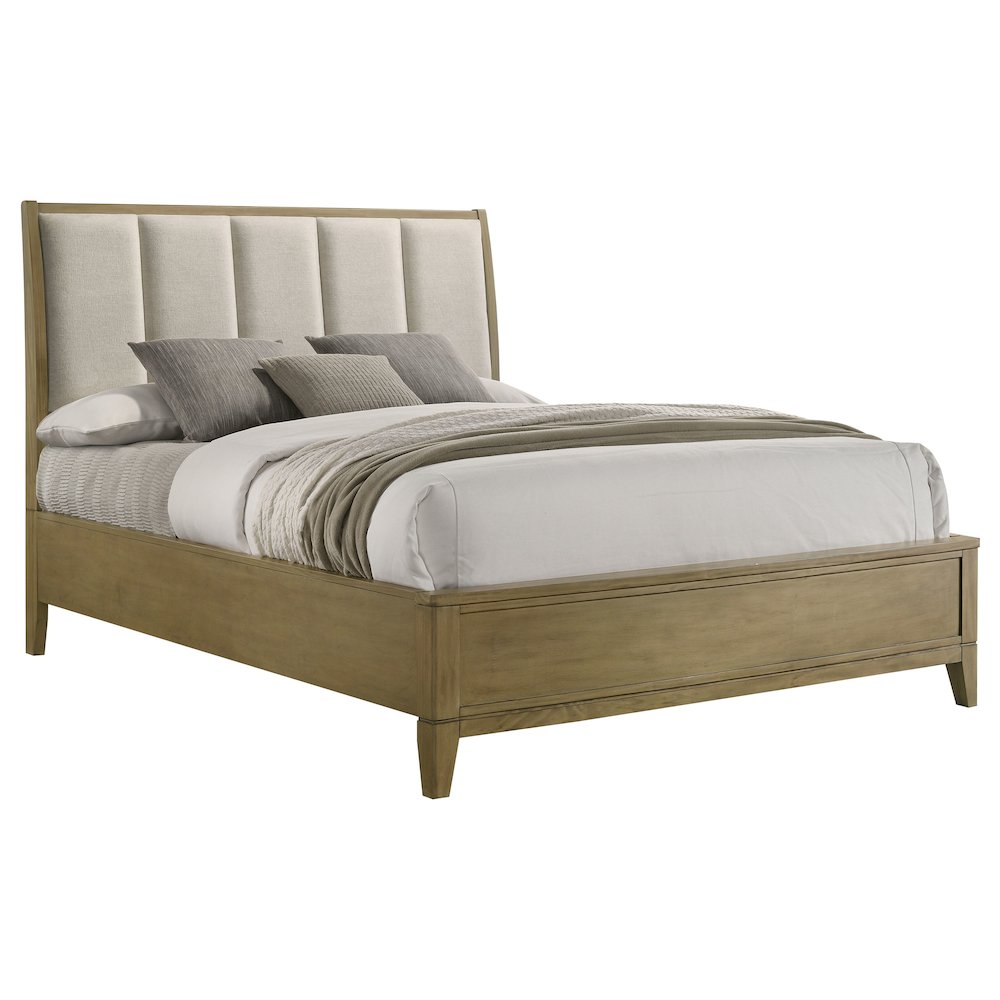Alard Granada Queen Upholstered Panel Bed Natural Pine – Beige Fabric Channeled Headboard
