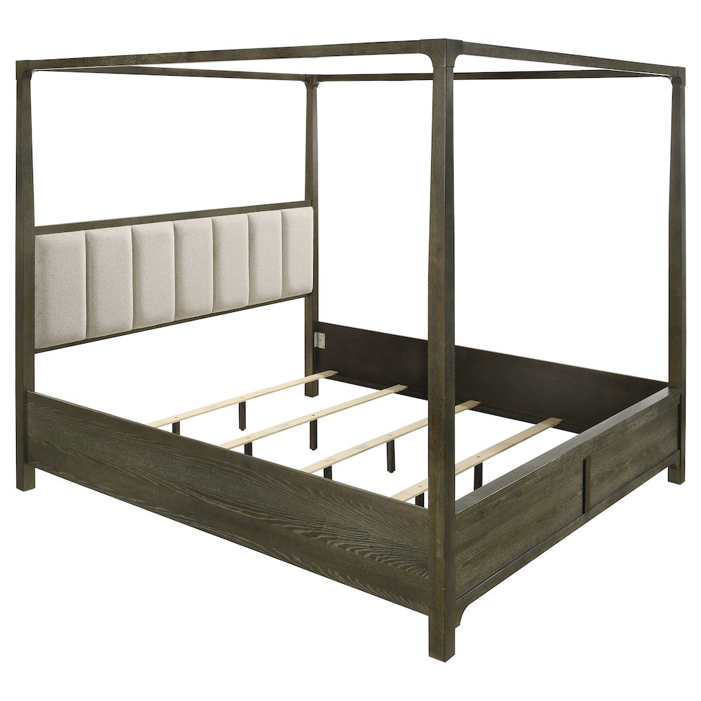 Noll Gran Park Queen Dark Cocoa Solid Wood Four Poster Canopy Bed – Transitional Design with Beige Fabric Headboard