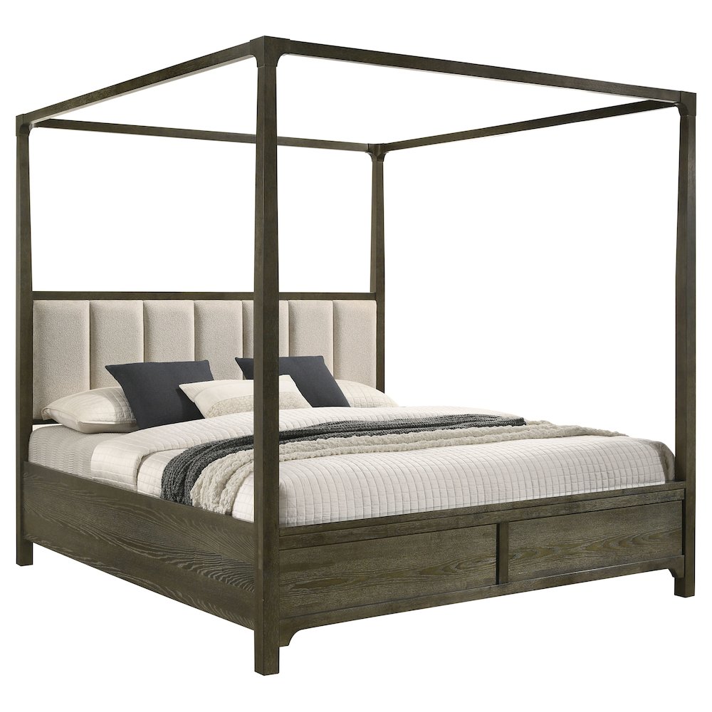 Noll Gran Park Queen Dark Cocoa Solid Wood Four Poster Canopy Bed – Transitional Design with Beige Fabric Headboard