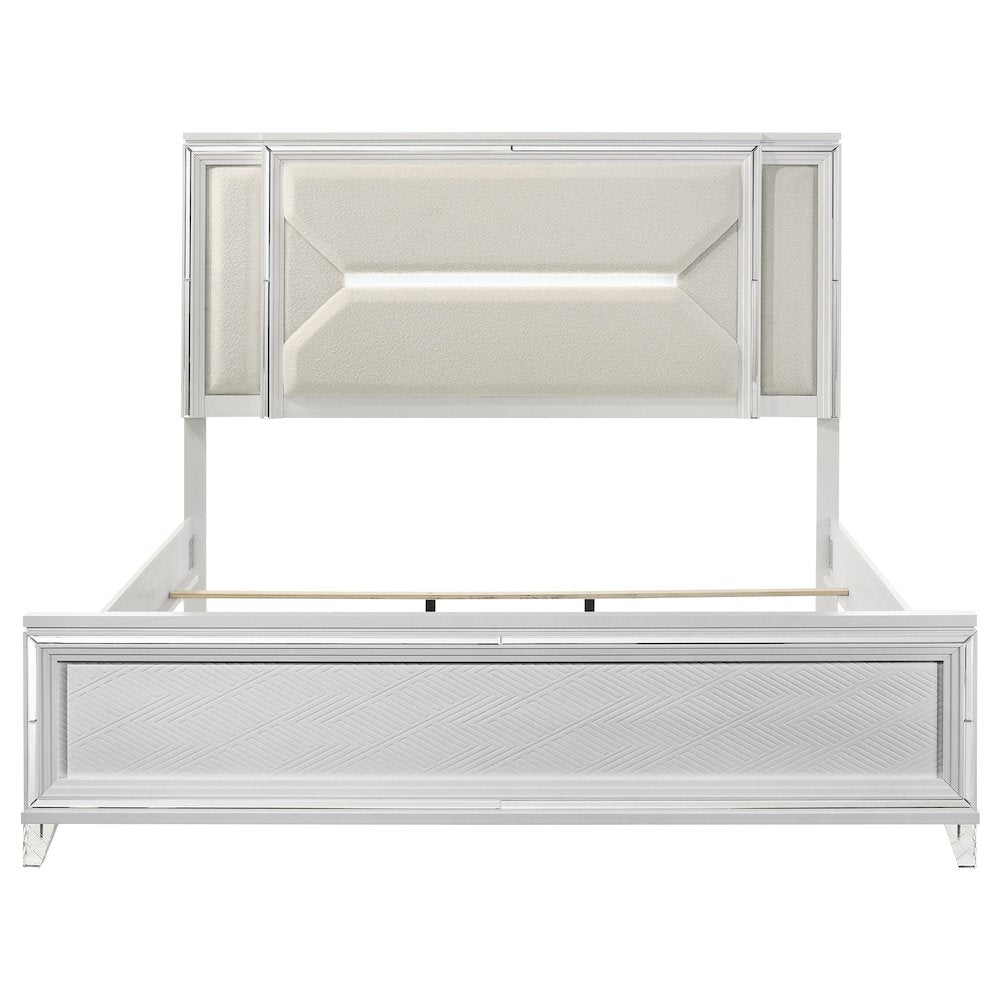 Wasco Marmore Eastern King White Modern Panel Bed – 3D LED Headboard with Mirror Framing & Chrome Accents