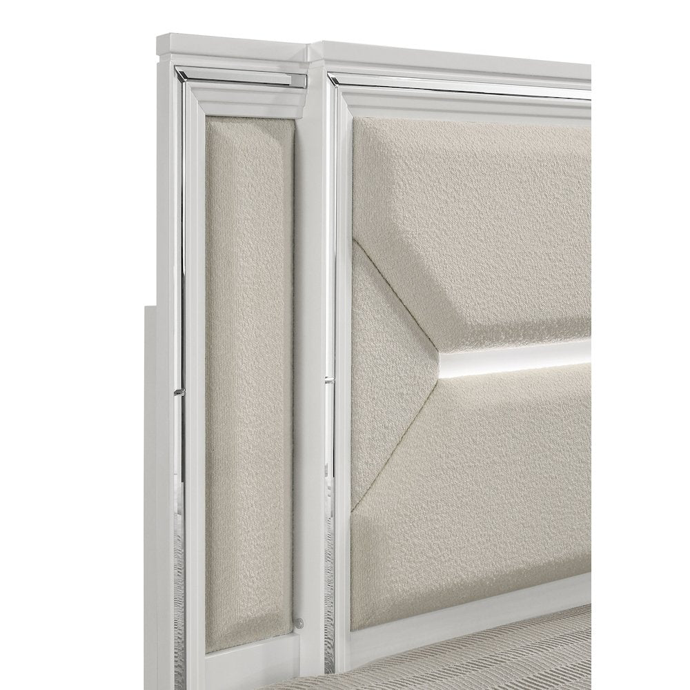 Wasco Marmore Eastern King White Modern Panel Bed – 3D LED Headboard with Mirror Framing & Chrome Accents