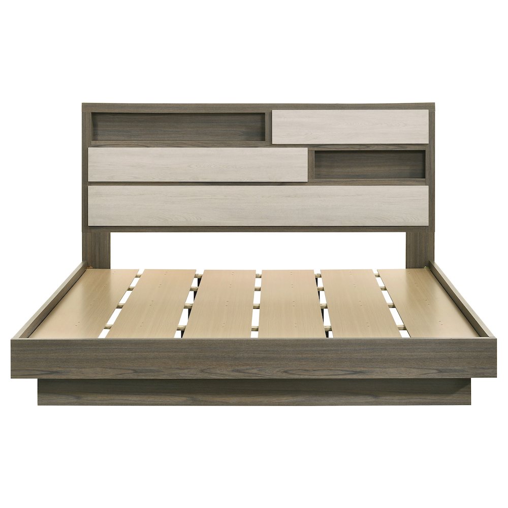 Rika Fenwick Eastern King Bed Grey Oak Wood – Bookcase Headboard Storage