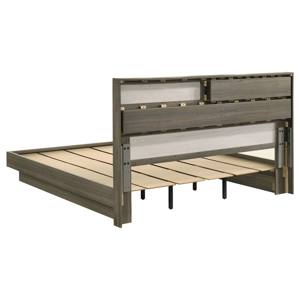 Rika Fenwick Eastern King Bed Grey Oak Wood – Bookcase Headboard Storage