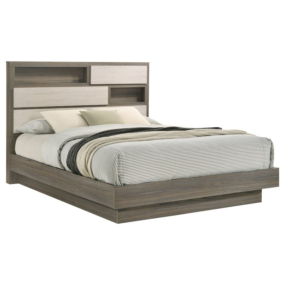 Mahi Fenwick Queen Bed Grey Oak Wood Bookcase Headboard – Modern Storage Design