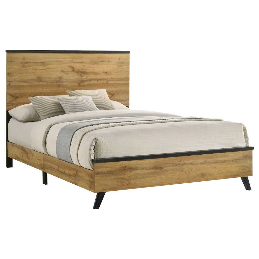 Milky Kaywood 51-Inch Full Natural Pine Panel Bed – Mid-Century Modern with Black Metal Accents
