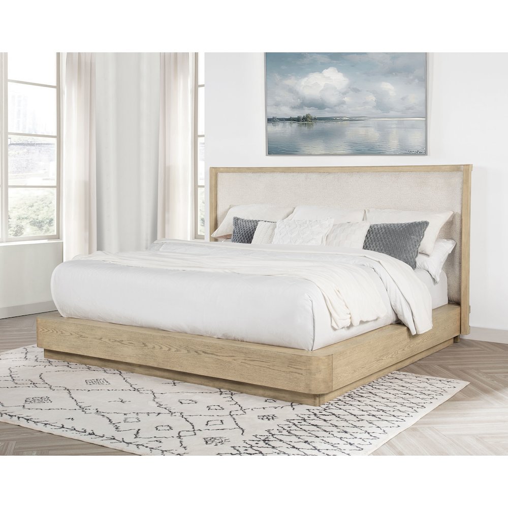 Caronia Kailani California King Beige Oak Wood Platform Bed – Modern Wingback with Fabric Headboard