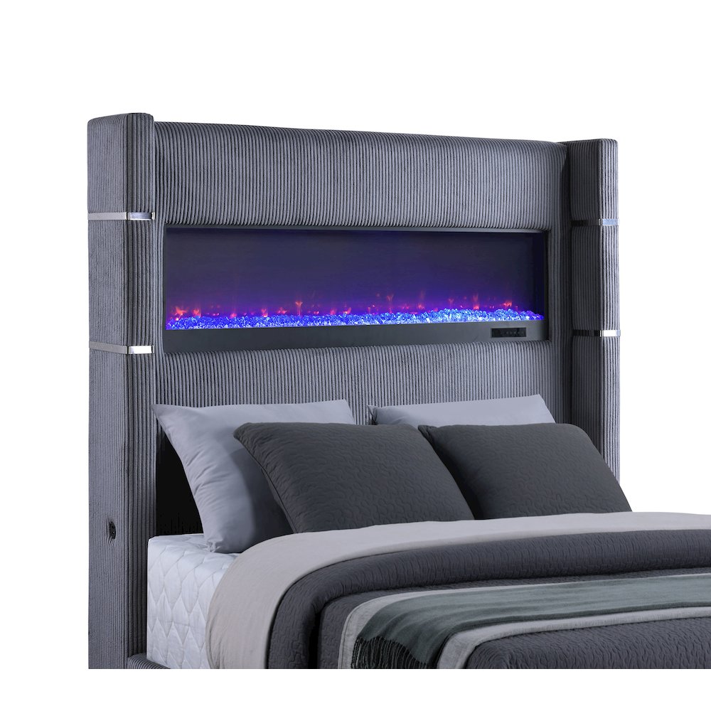Wilimsum Tisdall Eastern King Grey Corduroy Upholstered Panel Bed – Wingback Style with Built-In Electric Fireplace