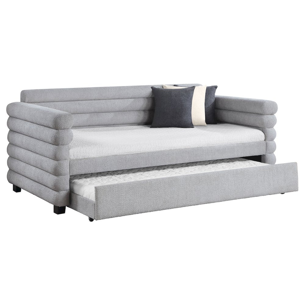 Opalescen Patricia Twin Grey Boucle Upholstered Daybed with Trundle – Modern Bolster Style Guest Bed