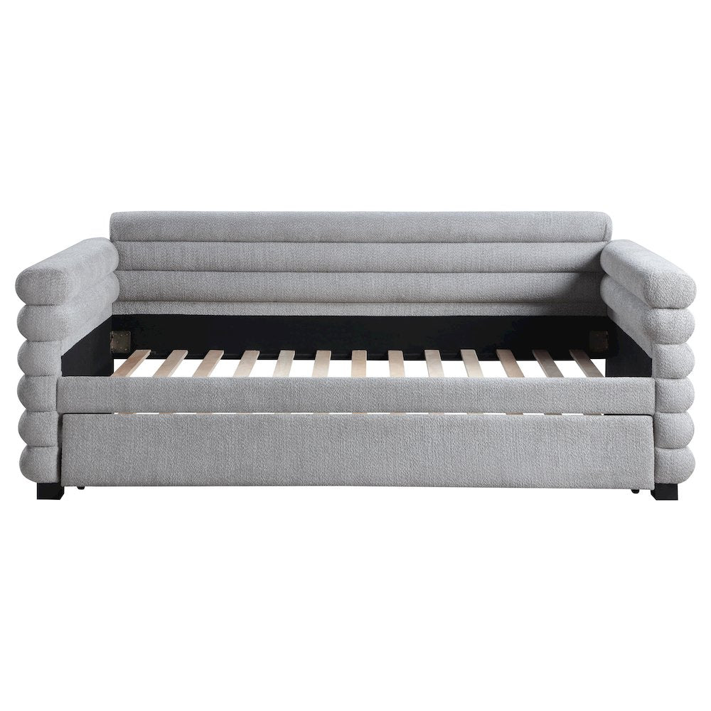Opalescen Patricia Twin Grey Boucle Upholstered Daybed with Trundle Modern Bolster Style Guest Bed