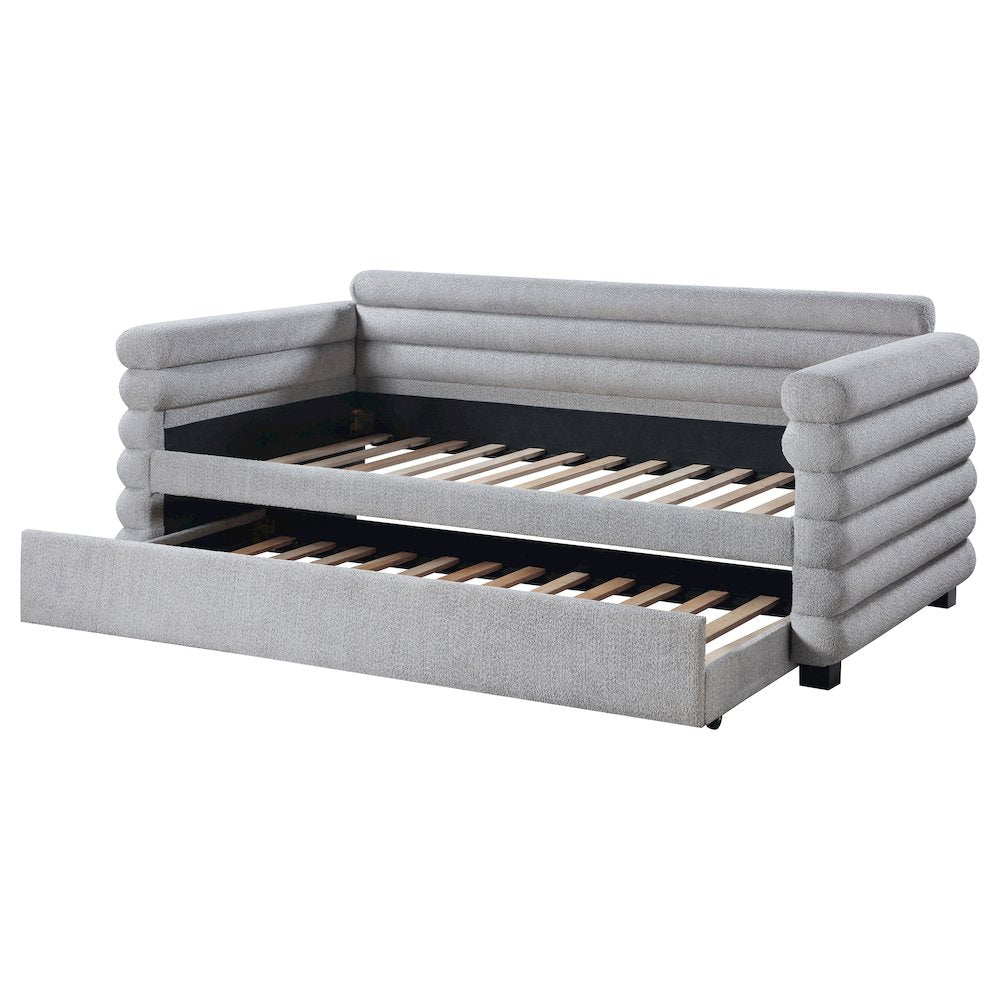 Opalescen Patricia Twin Grey Boucle Upholstered Daybed with Trundle – Modern Bolster Style Guest Bed