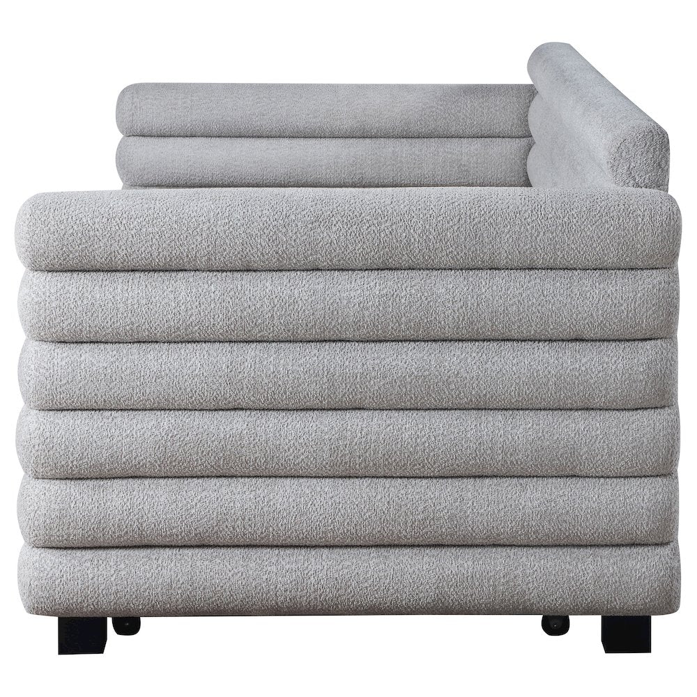 Opalescen Patricia Twin Grey Boucle Upholstered Daybed with Trundle Modern Bolster Style Guest Bed