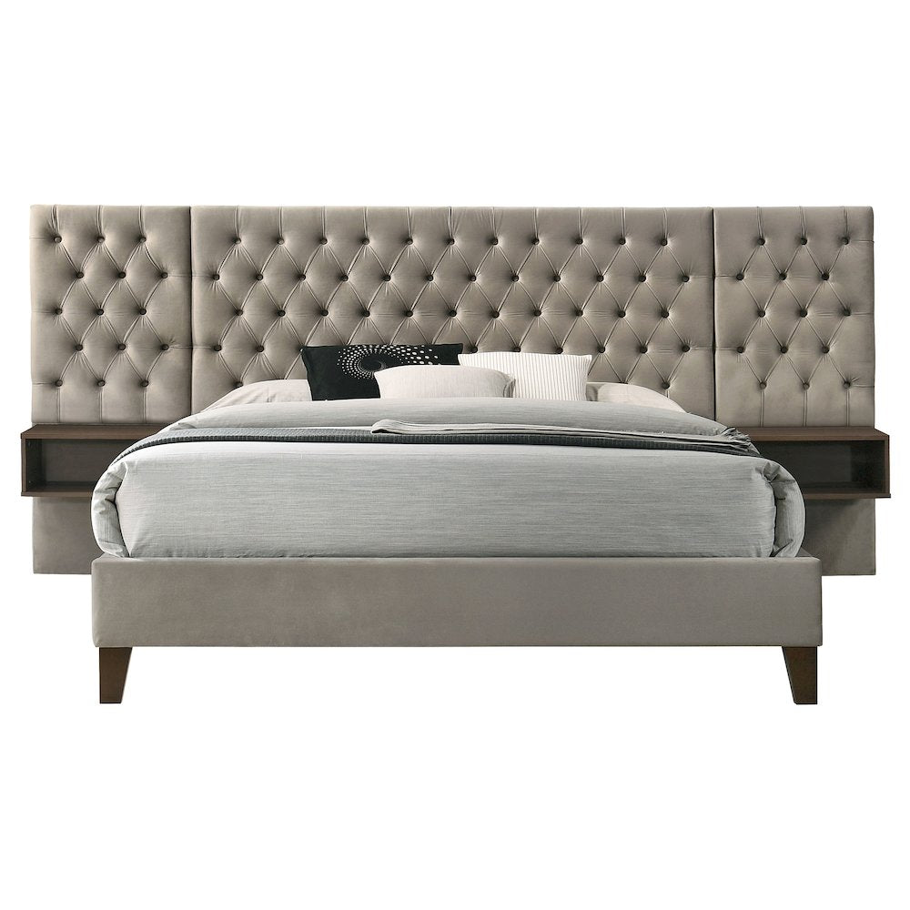 Joya Marley Queen Light Brown Upholstered Platform Bed – Modern Wall-Mount Button Tufted Bedroom Set