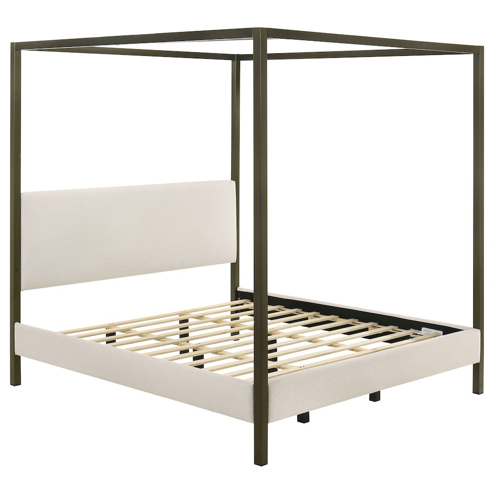 Sandoval Monroe Eastern King Vanilla Upholstered Canopy Bed – 4-Poster Bronze Frame No Box Spring Needed