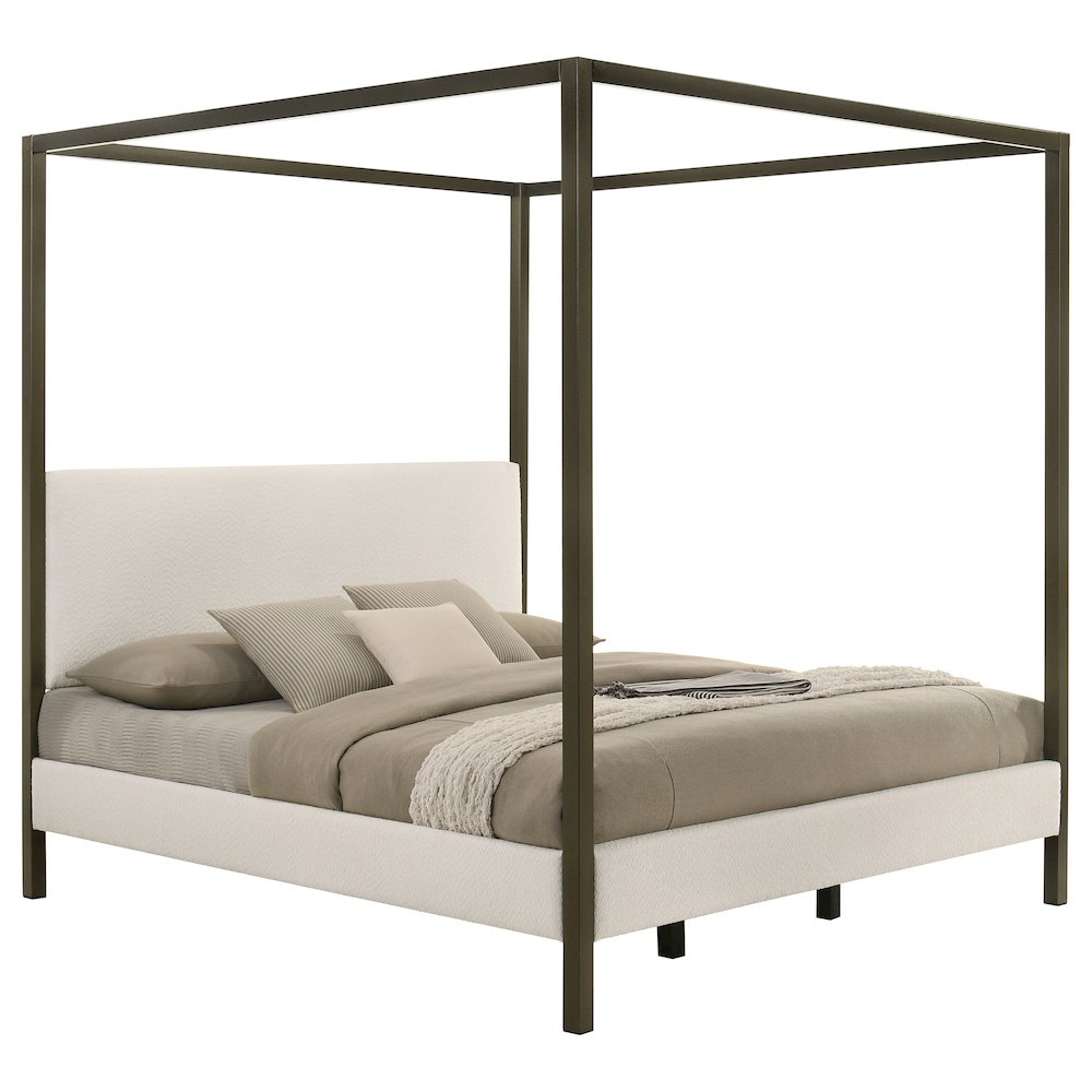 Sandoval Monroe Eastern King Vanilla Upholstered Canopy Bed – 4-Poster Bronze Frame No Box Spring Needed