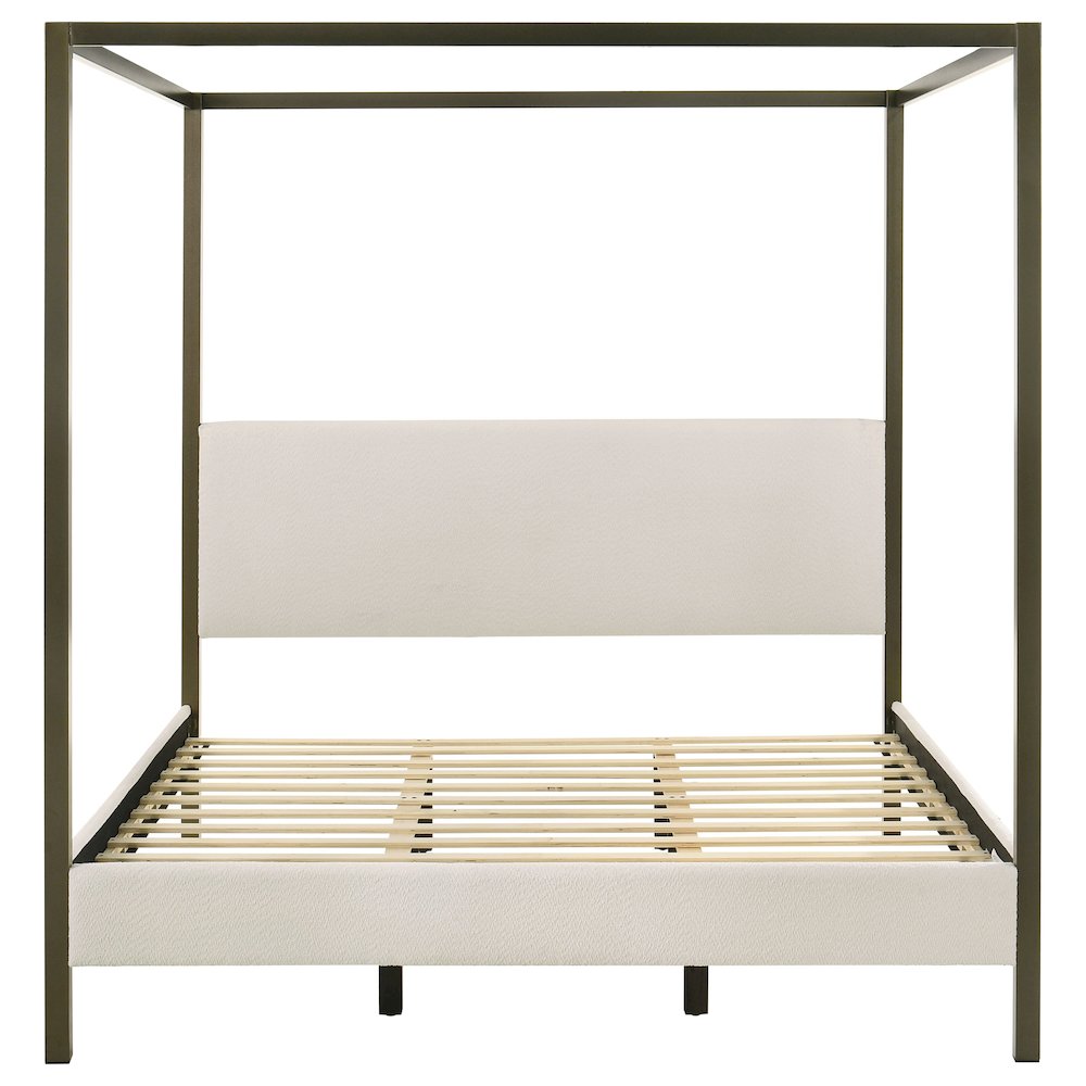 Sandoval Monroe Eastern King Vanilla Upholstered Canopy Bed – 4-Poster Bronze Frame No Box Spring Needed