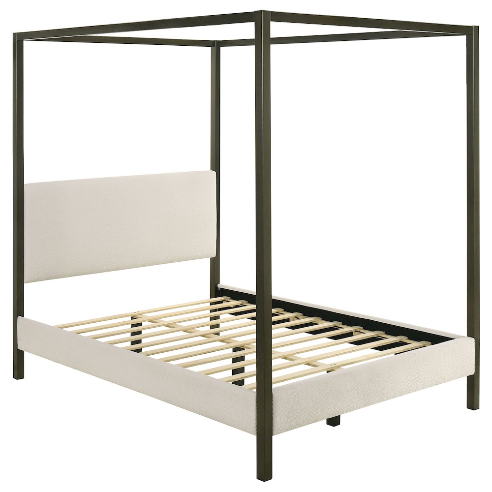 Sam Monroe Queen Vanilla Fabric Canopy Bed – Upholstered 4-Poster No Box Spring